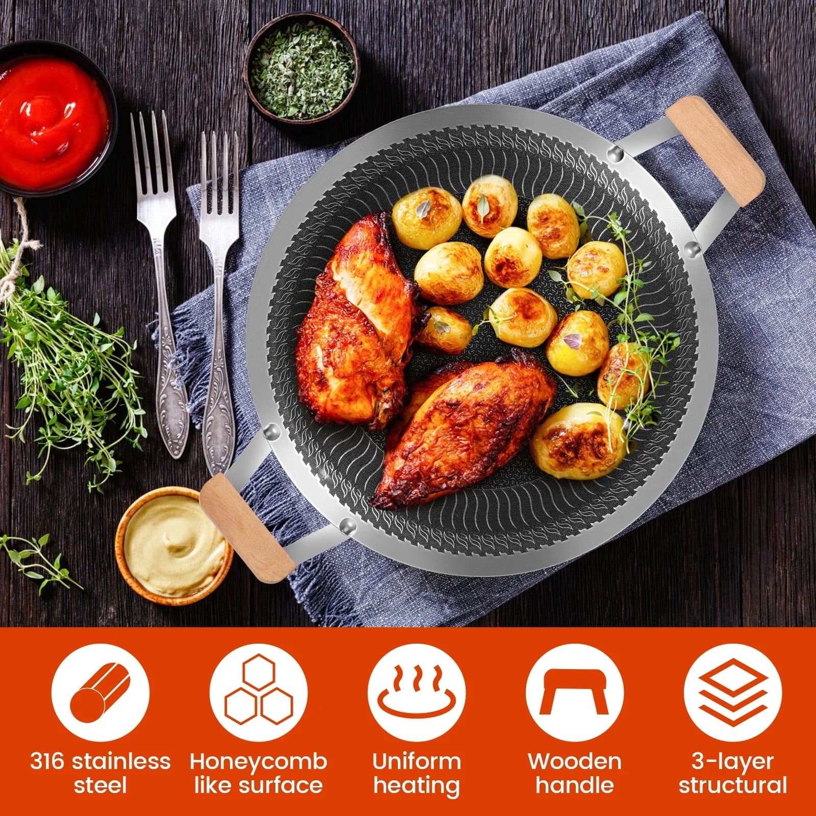 TEAFIRST BBQ Grill Pan, Stainless Steel Round Grill Pan with Handle, Griddle Pan for Camping Outdoor