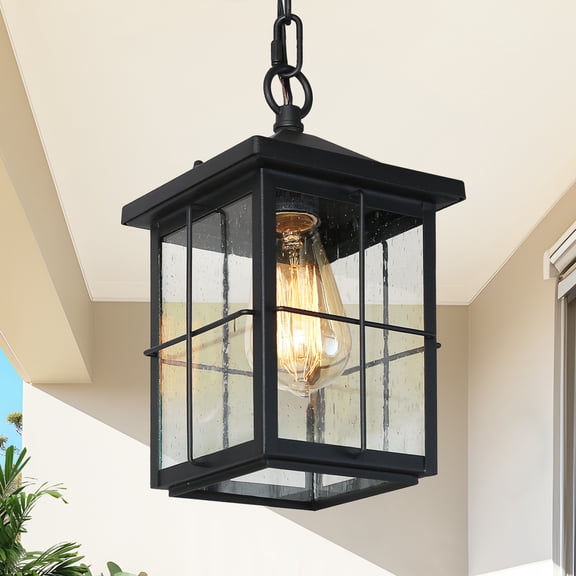 LNC Outdoor Hanging Lantern with Seeded Glass, 1-Light Black Pendant for Porch or Entry