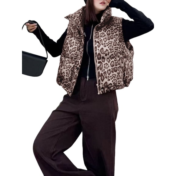 Women'S Leopard Print Quilted Puffer Vest Zip Front Sleeveless Jacket Warm Casual Outerwear Khaki S