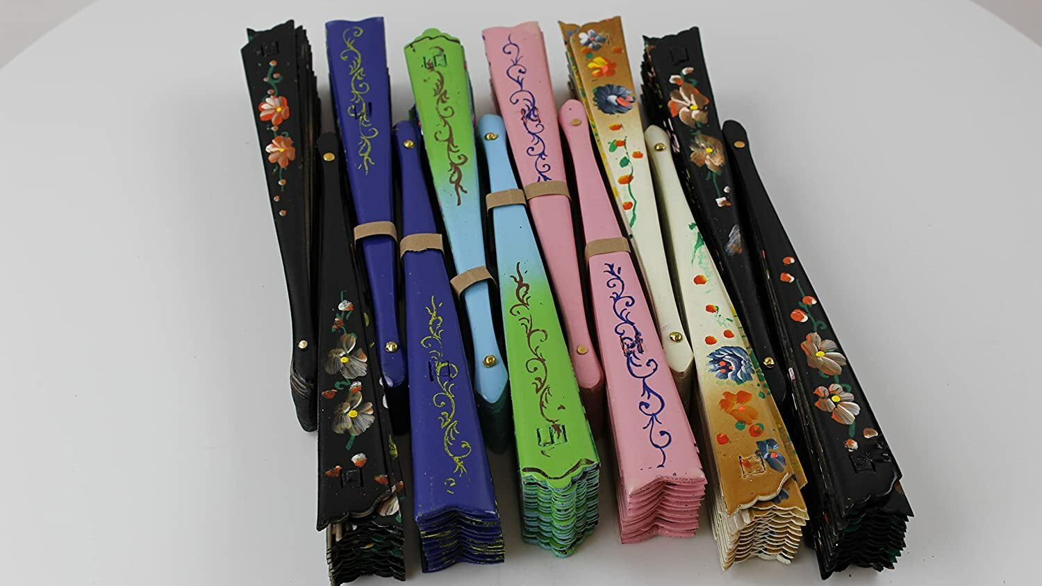 Double Sided Print Spanish Floral Design Hand Fold Fans Assorted Color Wood 6 PK D13424