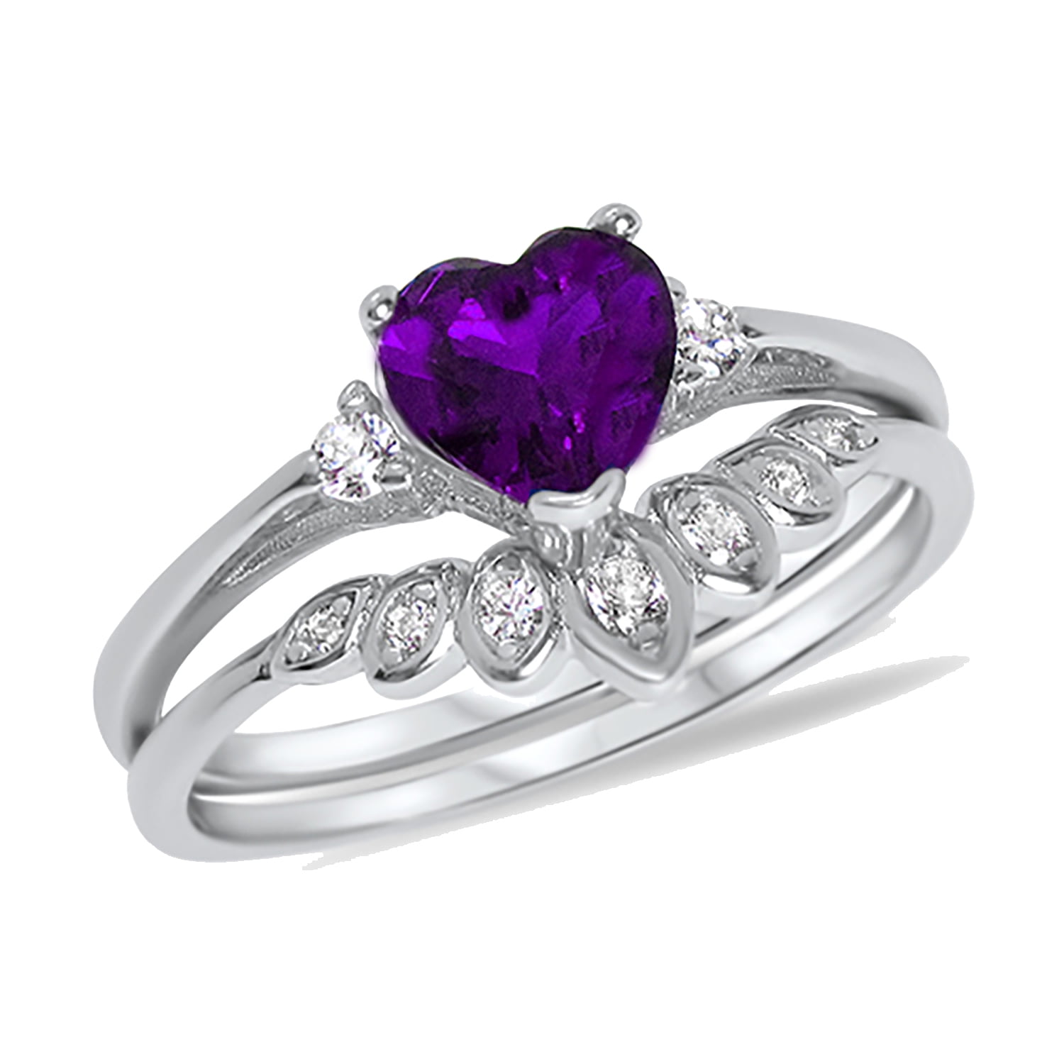 Sterling Silver Amethyst Heart Shape CZ Wedding Engagement Ring Set for Women Size 8