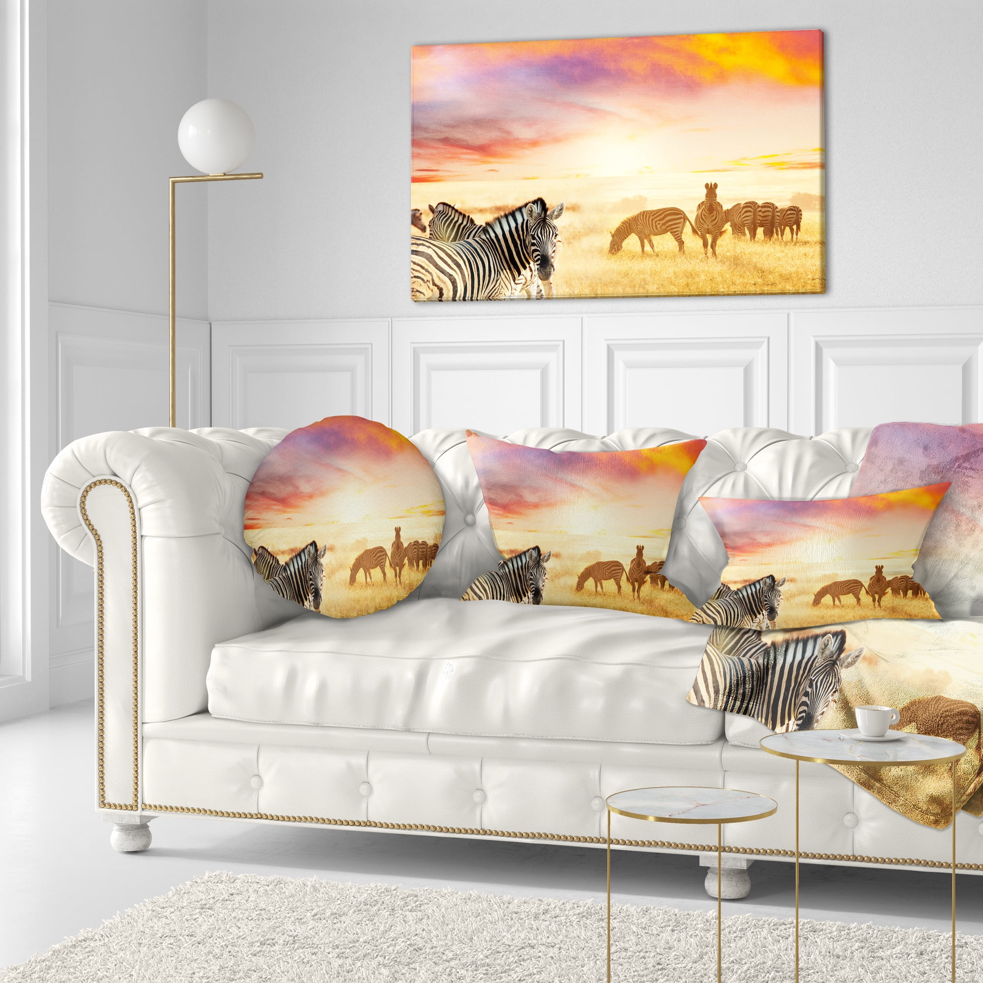 Designart Cute Zebras Grazing in Grassland - Animal Throw Pillow - 12x20