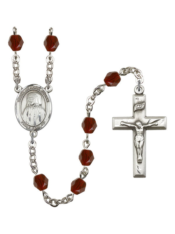 18-Inch Rhodium Plated Necklace with 6mm Sterling Silver Beads and Sterling Silver Saint Jeanne Jugan Charm. 