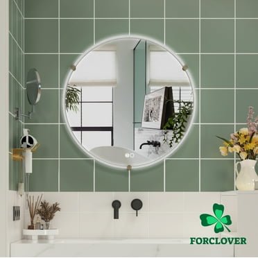 Forclover 32 in. W x 32 in. H Framed Round LED Light Bathroom Vanity Mirror