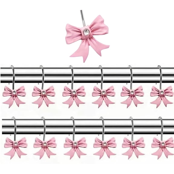 12PCS Pink Bow Knot Shower Curtain Hooks, Coquette Girls Decorative Shower Curtain Hooks, Resin Shower Curtain Rings for Bathroom Accessories