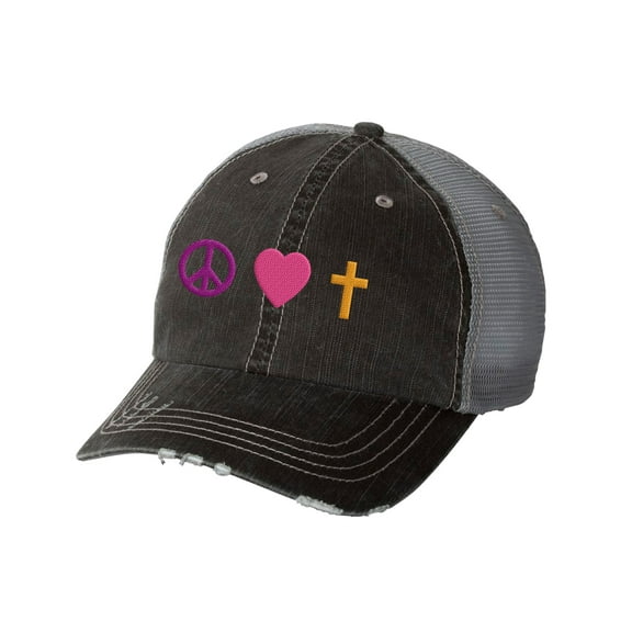 Women's Embroidered Peace Love Faith Distressed Baseball Cap, Black/Grey