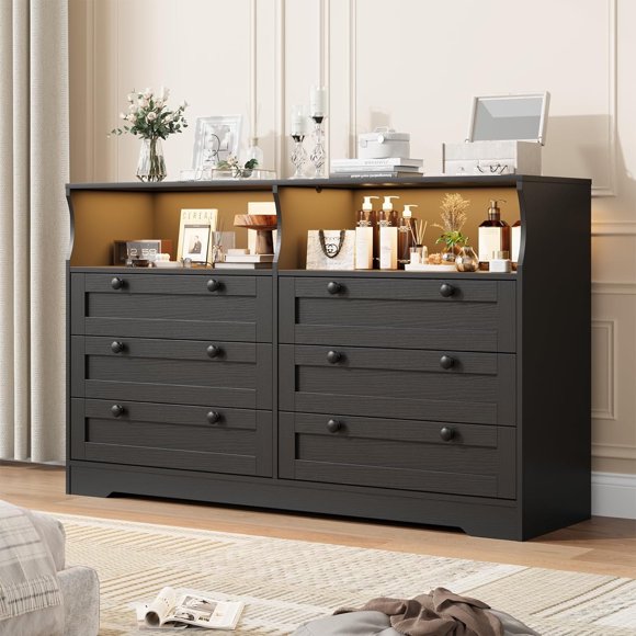 YUSAZENS Chests of Drawers, 55" Wide Dresser with 2 Open Storage, Closet Organizer TV Stand,Wooden 6 Drawer Dresser for Bedroom with Led Light and Charging Station,for Bedroom, Living Room, Black