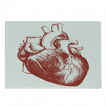 Human Heart Cutting Board, Warm Tone Monochromatic Realistic Sketch of Cardio Organ Anatomy Print, Decorative Tempered Glass Cutting and Serving Board, in 3 Sizes, by Ambesonne