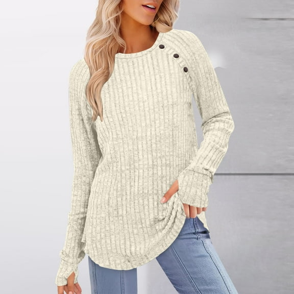 CQONEPT Women's Sweaters with Thumb Holes Fall Winter Crewneck Long Sleeve Tunic Tops Lightweight Button Shirts Beige M