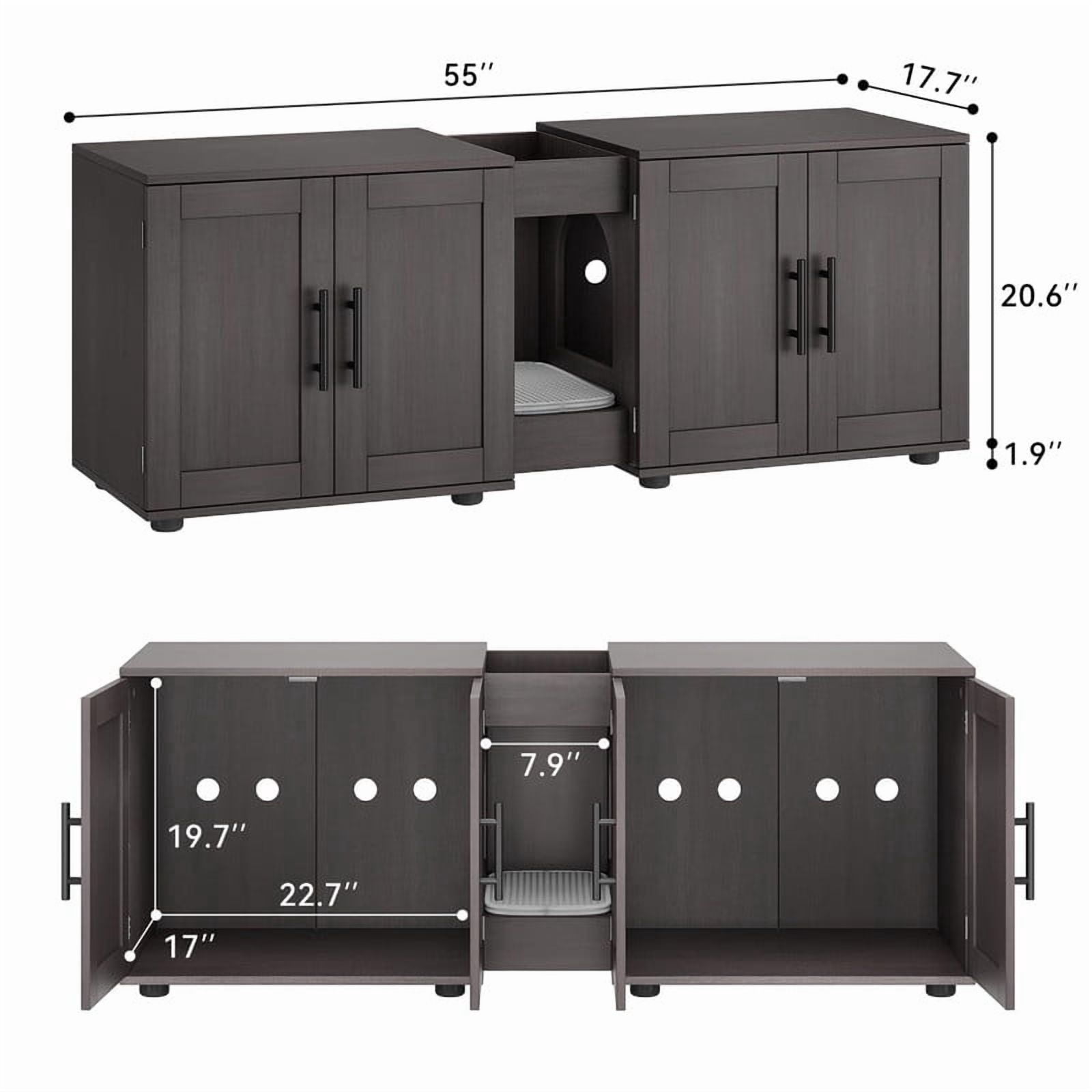 TROPOW Double Litter Box Enclosure,55" Furniture for 2 Cats, TV Stand,Waterproof Easy-Clean Surface,Cabinet Buckles & Storage Grooves,Suitable for living room, furniture decoration