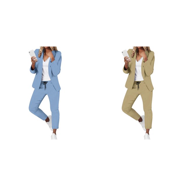(2-Pack) Rinsvye Womens Solid Long Sleeve Pants Suit Set With Pockets Elastic Waistband Tailored Fit Business Formal Wear