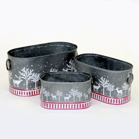 Set Of 3 Silver With White Trees And Deer And Candy Cane Stripes Planters