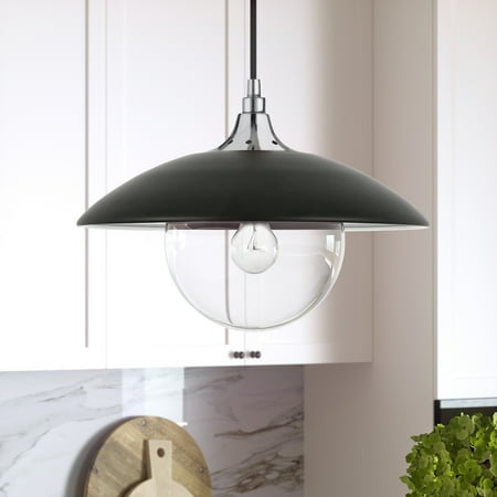 

Evelyn&Zoe Industrial 1-Light Pendant in contemporary metal matte black and nickel with glass shade for kitchen dining room living room foyer