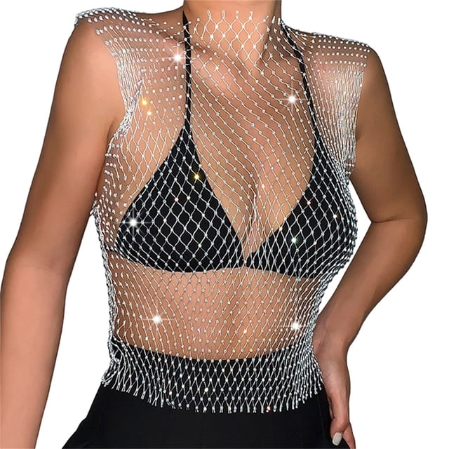 Wangsaura Women Rhinestone Mesh Tank Top, Sleeveless Crew Neck/V-neck Shiny Tops