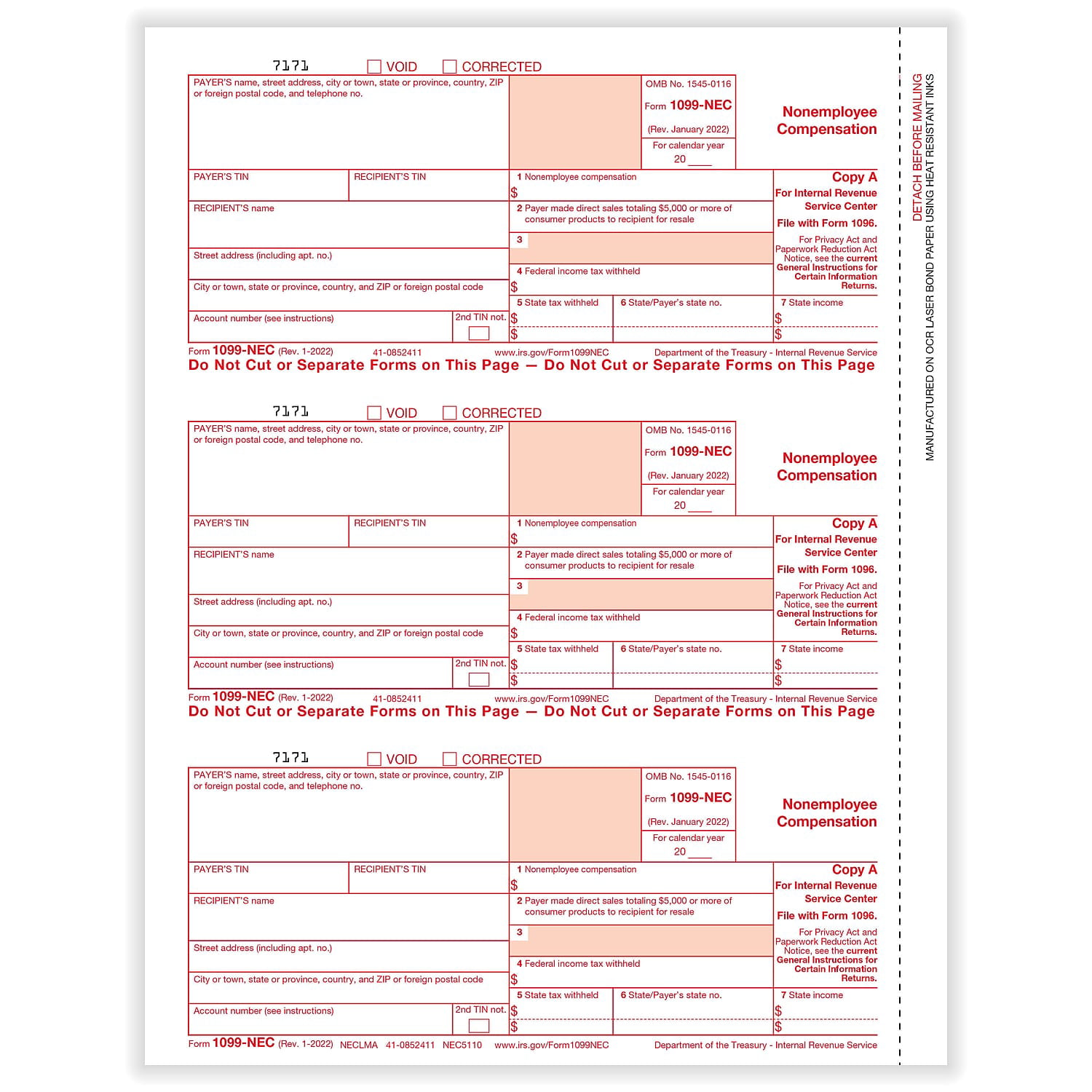 ComplyRight 2022 1099NEC 3Up Federal Copy A Tax Form 50/Pack