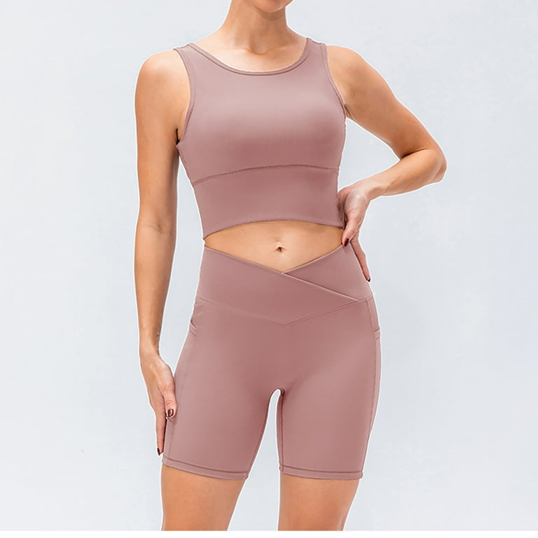 Short Workout Sets for Women Compression Yoga Outfits Bikers Crop