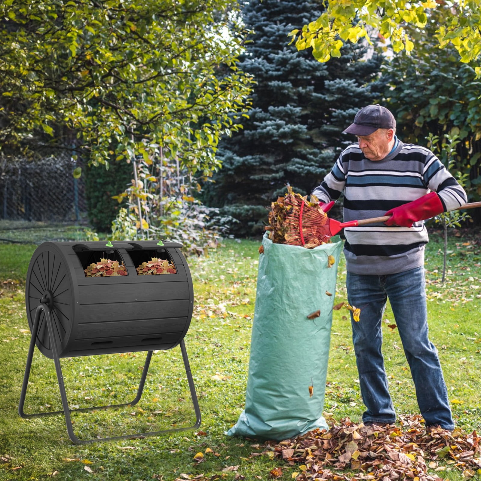 EasyUp Dual Chamber Tumbling Composter 43 Gallon Large Outdoor Tumbling Composter Efficient Batch Composting Easy Turn Design（Black)