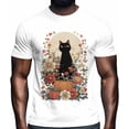 thumbnail image 1 of Camisetas para hombre, camiseta de algodón con cuello redondo, diseño floral de gato negro y flores de calabaza., 1 of 8