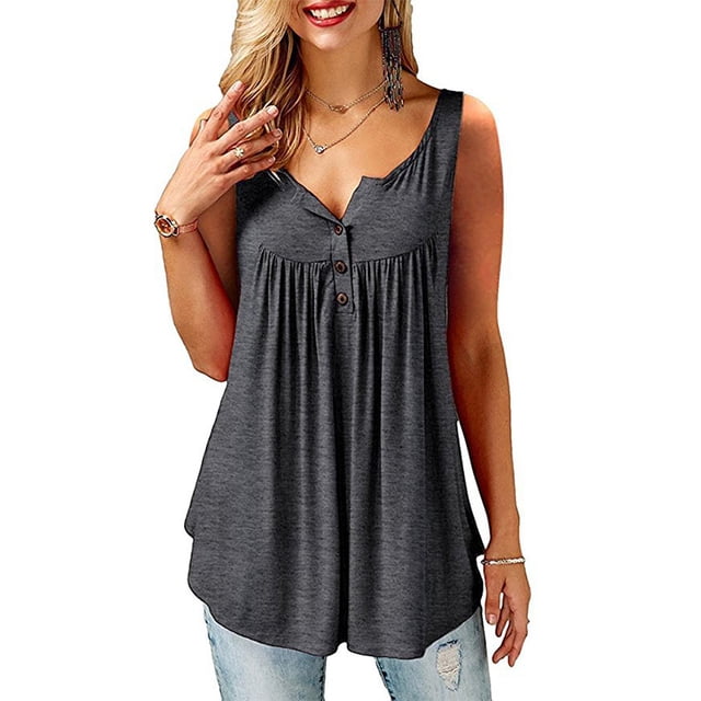 JustVH Blouse Décontractée Unie Henley Col en V pour Femmes Tunique Plissée à Boutons