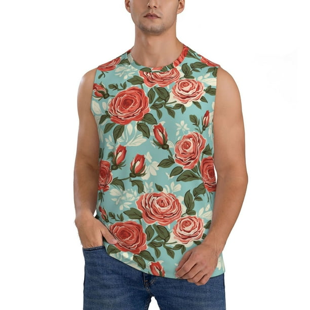 Fotbe Rose Flowers Men's Camiseta sin Mangas Estampada para Hombres, Playera Casual para Gimnasio, Entrenamiento, Playa-XX-Large