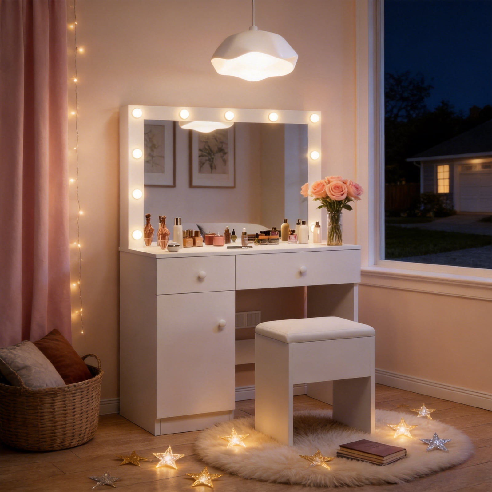 Haewon 32" Vanity Desk with Large Mirror, LED Lights, AC Outlet, USB Ports, Make up Vanity Desk with Mirror and Lights andDrawer & Storage Cabinet, Vanity Set with Cushioned Stool
