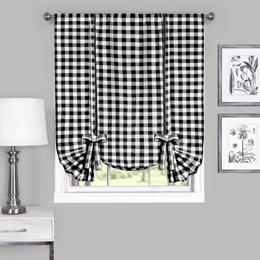 Woven Trends Farmhouse Curtains Kitchen Décor, Buffalo Plaid Shades, Classic Country Plaid Gingham Checkered Design, Farmhouse Décor, Window Curtain Treatments (Black, Tie-Up Shade)