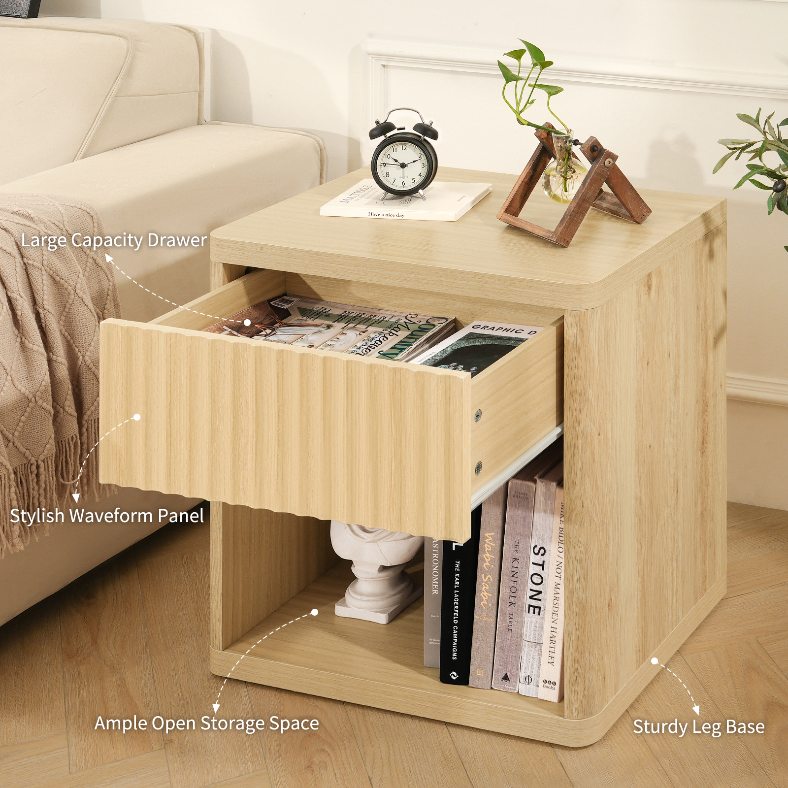 Fluted Nightstand with Drawer, Bedside Tables with Open Storage, Large Wood Night Stand for Bedroom Living Room, Natural