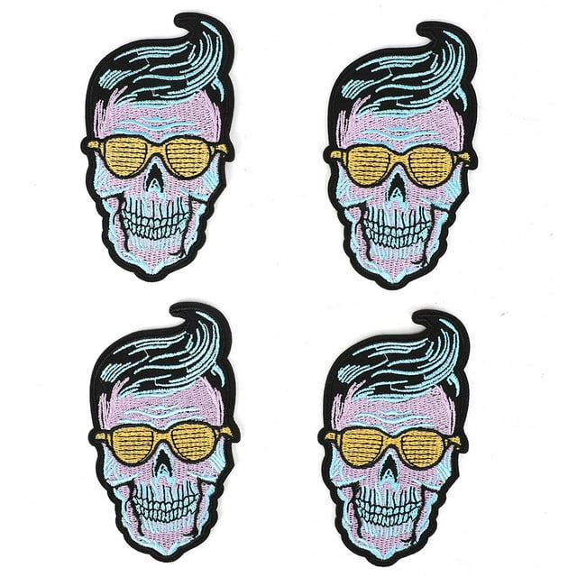6 parches de calavera con diseño de esqueleto para ropa, para planchar, para camisetas, vestidos, pegatinas de tela (calavera con gafas amarillas)