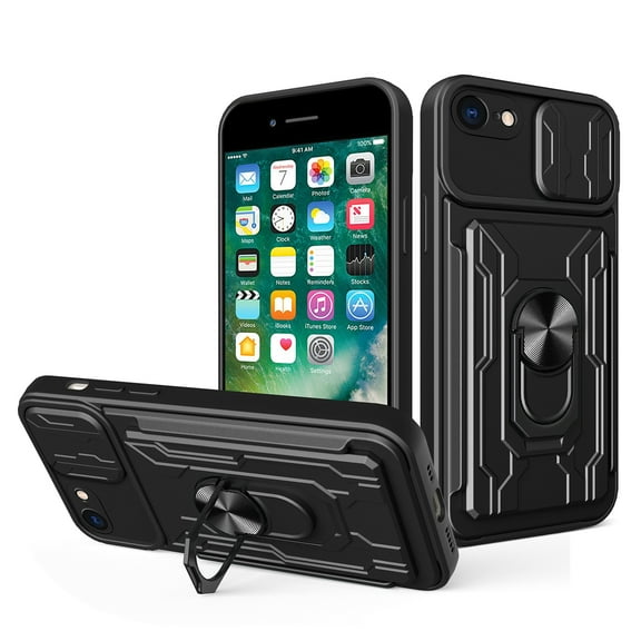 JTCASES for iPhone 7 / 8 / SE 2022 & 2020 Case, Slide Camera Window Card Slot Rotating Ring Bracket TPU Soft Shell & PC Backplane Car Mount Hybird Heavy Duty Shockproof Shell, Black