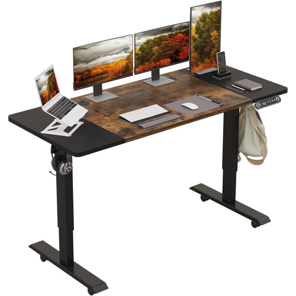 Height Adjustable Electric Standing Desk, 55X24 Height Stand Up Computer Desk,Sit and Stand Home Office Desk with Splice Board (Black Brown Top, Black Frame)