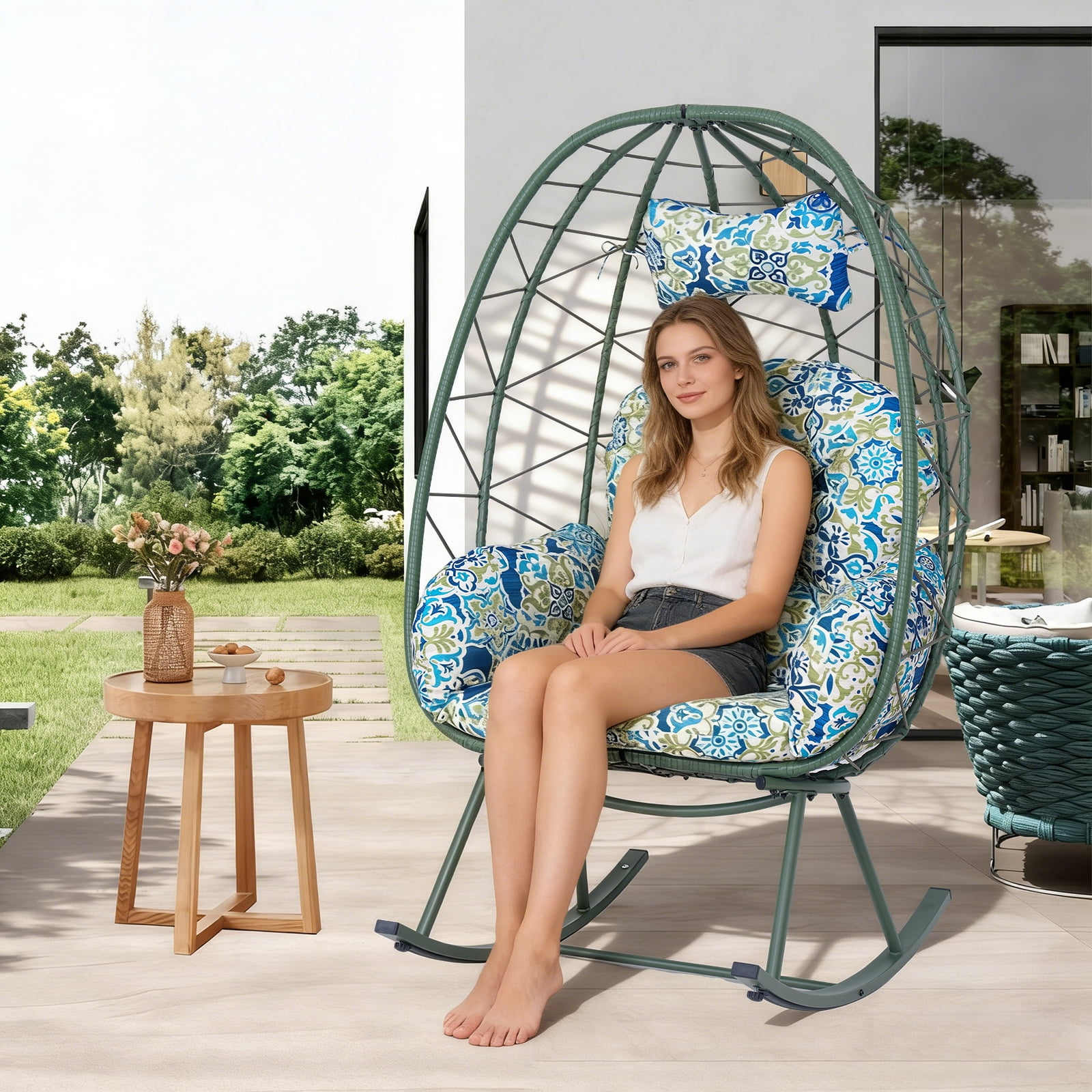 Foldable Wicker Egg Rocking Chair, 330LBS Capacity Cocoon Lounge Chair with Thick Cushion & Pillow, Weather Resistant Rattan Single Rocker for Patio Balcony Bedroom Living Room