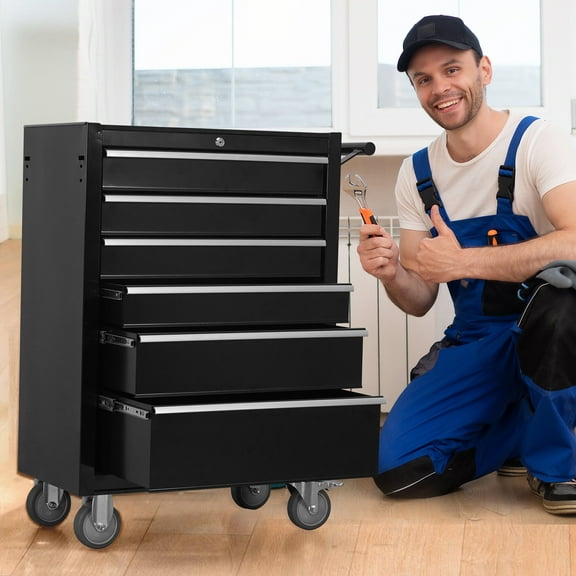 Tool Storage Cabinet 6-Drawer Rolling Tool Chest Cabinet, Large Capacity Metal Tool Box with Wheels and Locking, Roll Around Storage Organizer Tool Cart for Garage, Warehouse, Work Shop - Black,Tool