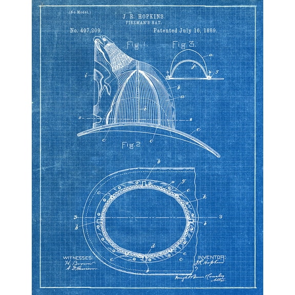 Original Fireman's Hat Artwork Submitted In 1889 - Fire and Rescue - Patent Art Print