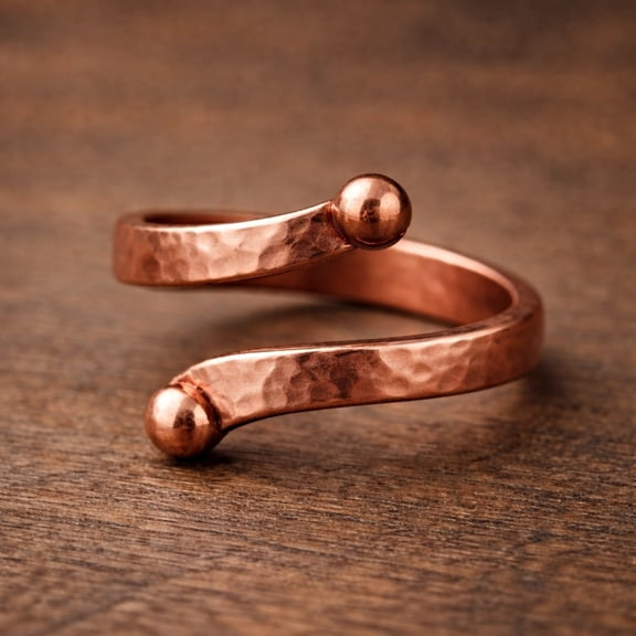 Pure Copper Wrap Ring – Hammered Adjustable Open Band with Ball Ends – Handmade Minimalist Jewelry