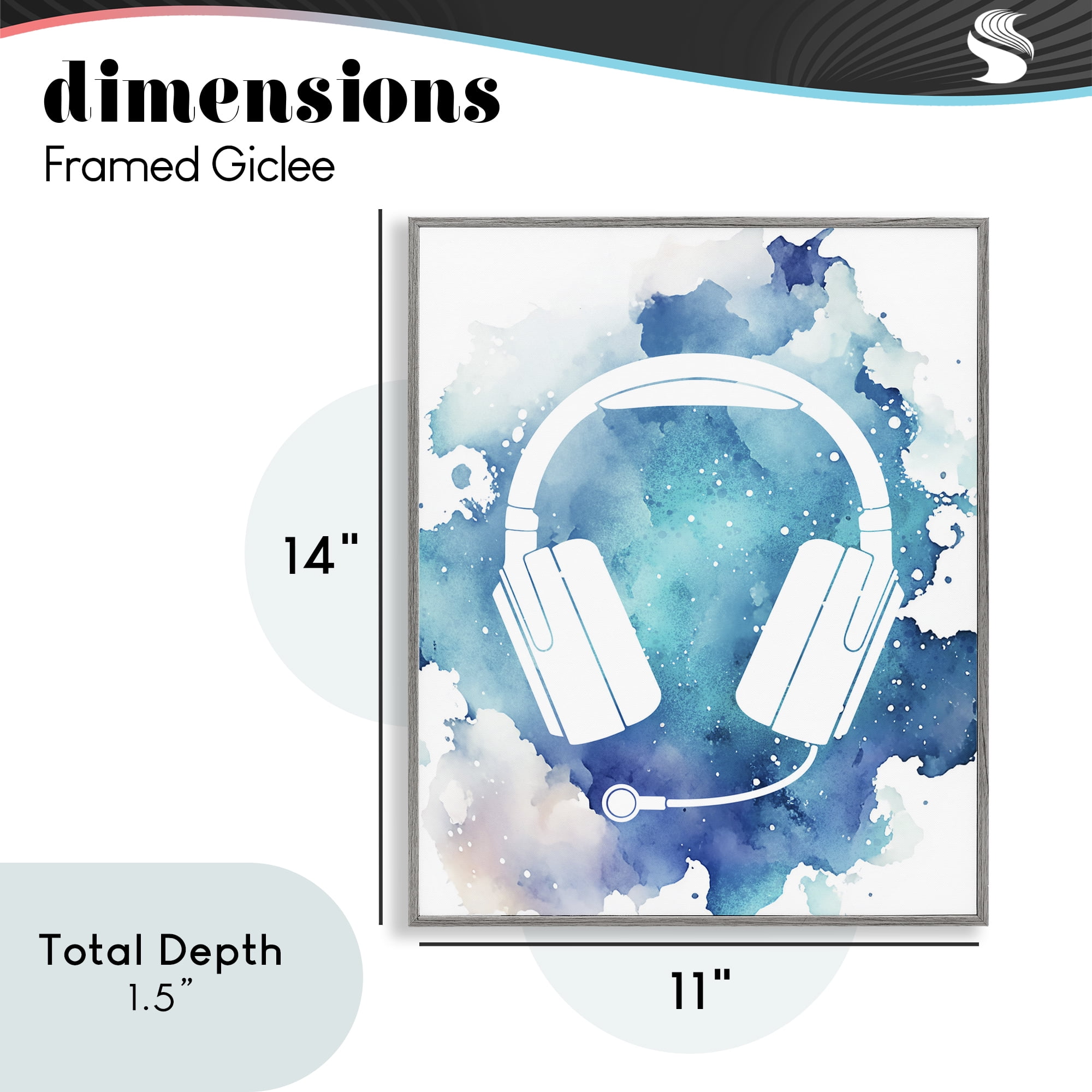 Blue Headphone Splatter Gray Framed Giclee Art, design by Marcus Prime