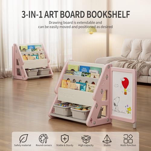 UNICOO® Toddler 3 in 1 Art Board Bookshelf and Organizer, 2-Tier Bookshelves with Storage Rack & Bins, Retractable Drawing Board, Lightweight & Compact for Nursery, Playroom (Pink & White)