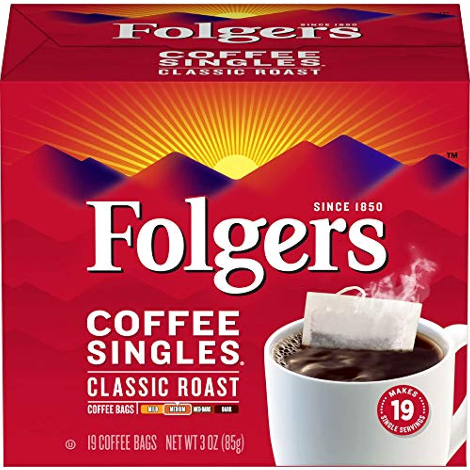 Folgers Coffee Singles Classic Roast Medium Roast Coffee, 19 Single