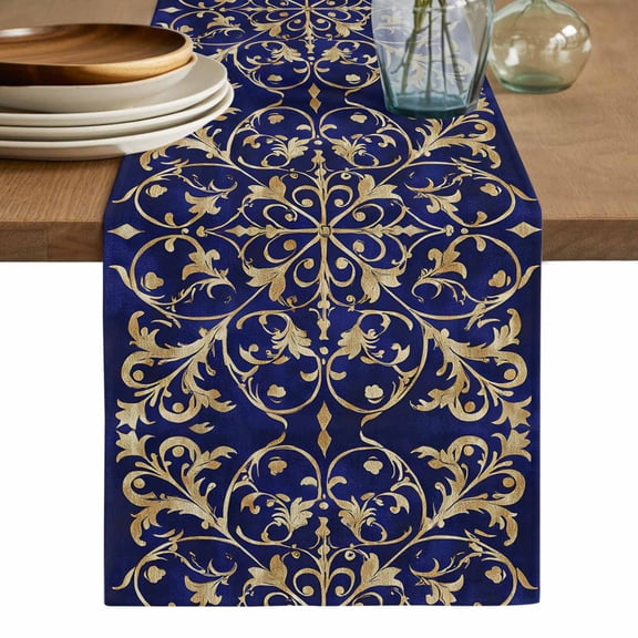 Abstract Blue Gold Table Runner, Luxurious Traditional Flower Leaf Washable Cotton Linen Table Runners 120 Inches Long, Dresser Scarf Runner for Dining/Living Room/Kitchen/Square Tables 13''x120''