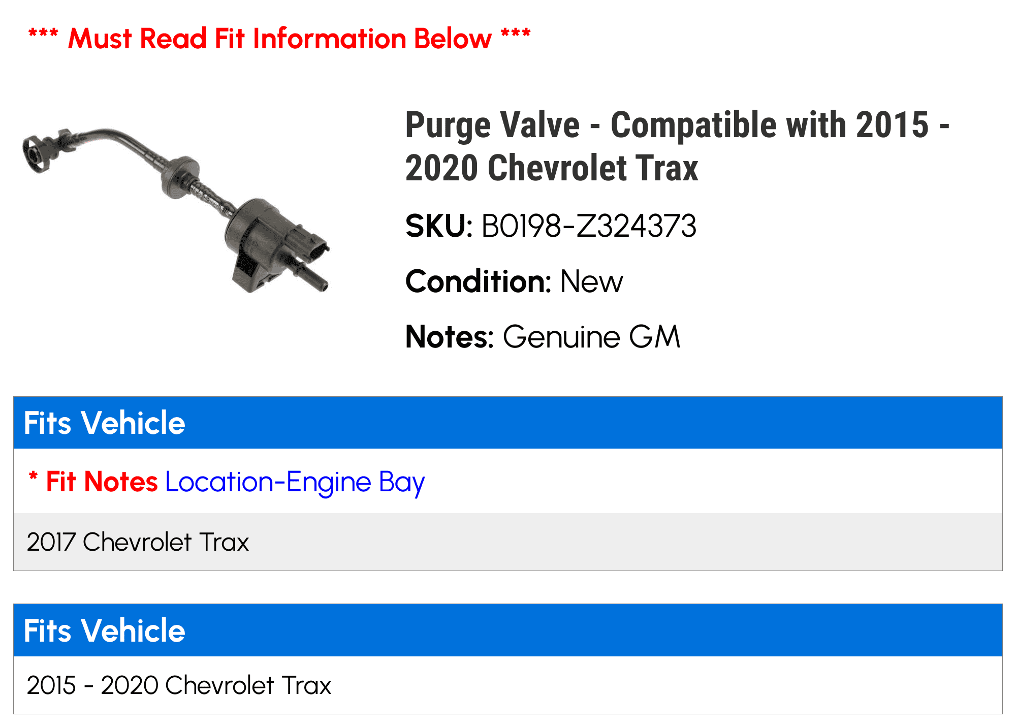 Purge Valve - Compatible with 2015 - 2020 Chevy Trax 2016 2017 2018 2019