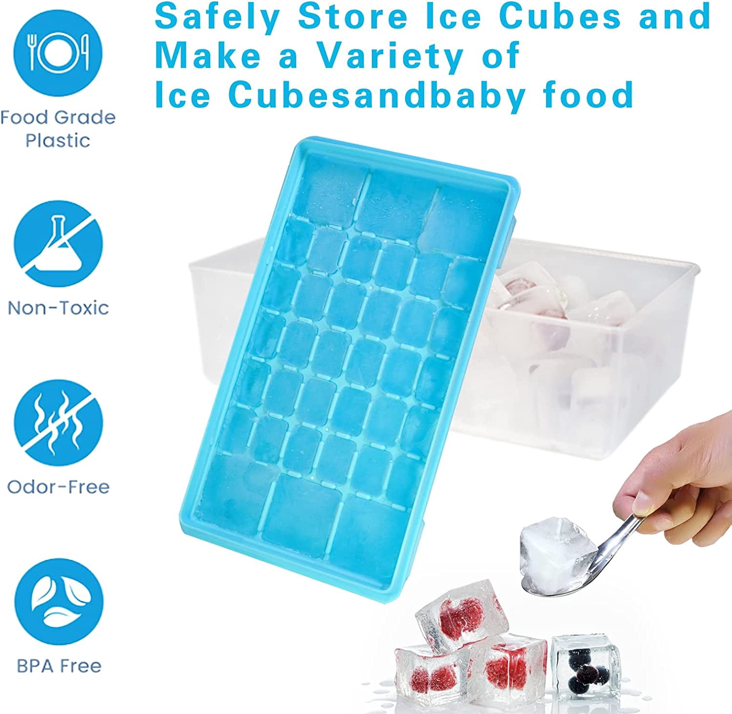 Ice Cube Tray with Lid and Bo - Ice Cube Mold for Refrigerator BPA Free Ice Container with Spoon and Lid Blue Green Powder (Green+110)