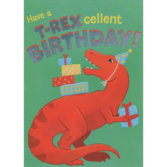 Paper House Productions T-Rex cellent : Dinosaur in Party Hat Balancing Gifts on Back Birthday Card for Kid