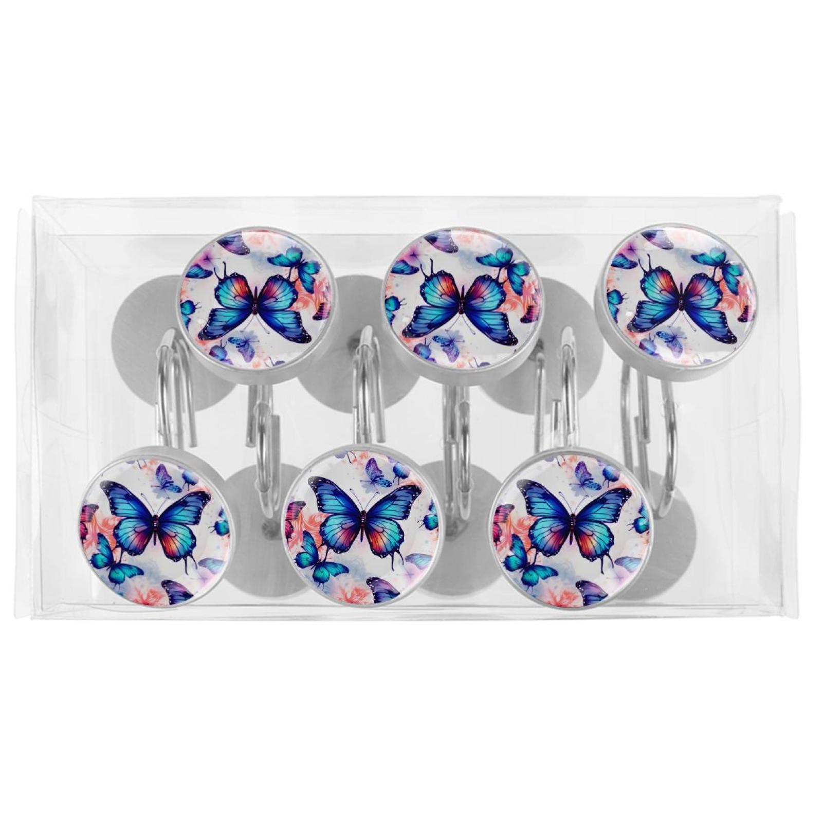 Butterfly Shower Curtain Hooks （Set of 12） for Home Hotel Shower Rods Bathroom Crystal Glass Print Stainless Steel Round Curtain Hooks