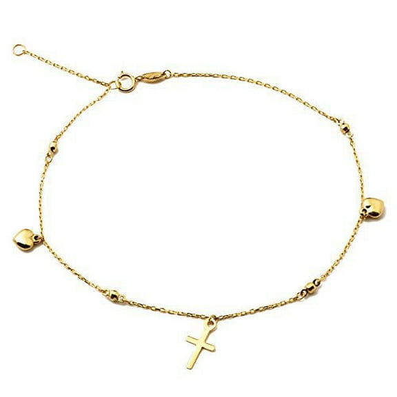 LoveBling 10K Yellow Gold .5mm Rolo Chain with 2 Hearts 1 Cross Charms Anklet Adjustable 9" to 10" (#44)