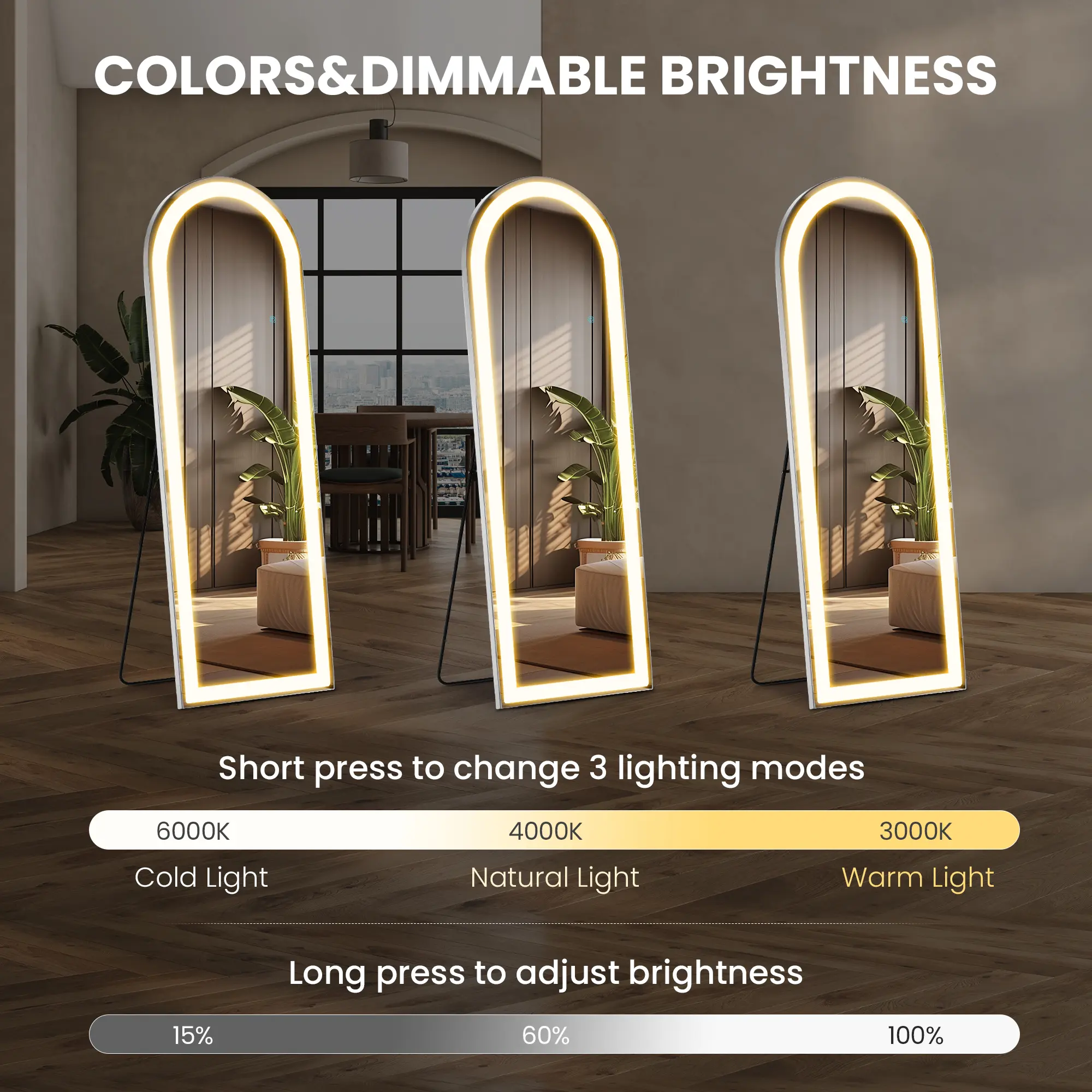Aukfa 63" x 20" LED Full Length Mirror, Wall Mounted Floor Standing with Touch Control & 3-Color Dimmable Lights
