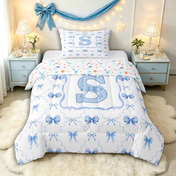Manfei Kawaii Ribbon Bow Personalized Initial S Twin Comforter Sets 3-Piece for Girls,Romantic Geometric Plaid Bow Tie Bedding Set for Kids Teens,Lightweight Room Decor