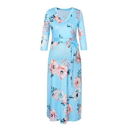 

plus Size Hour Glass Dress Summer Maternity Seven Point Sleeve V Neck Belt Print Lactation Dress Shooting Photo Dress Pregnant Women Front Open Mopping Dress Formal Wedding Guest Dresses for Women