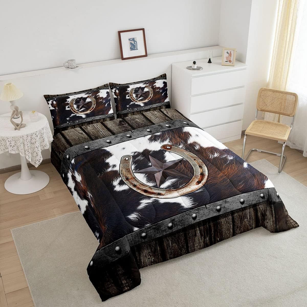 Western Texas Star Comforter Set Cowhide Horseshoe Bedding Sets Adults Men Full,Rustic Farmhouse Barn Door Down Comforter Country Farm Highland Cow Quilt Duvet Cowboys Room Decor