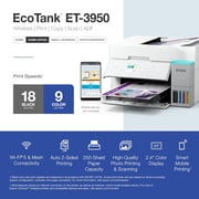 Epson EcoTank ET-3950 Wireless All-in-One Color Supertank Printer, 18 PPM, Auto Document Feeder, Print | Copy | Scan - White (Sold without manufacturer )