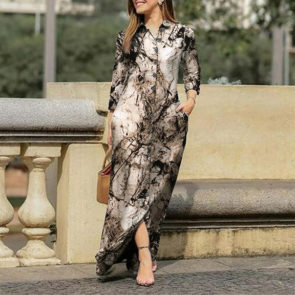 Honeeladyy Women's Casual Turn-down Collar Long Sleeve With Pocket Printed Long Dresses Women's flowy dresses