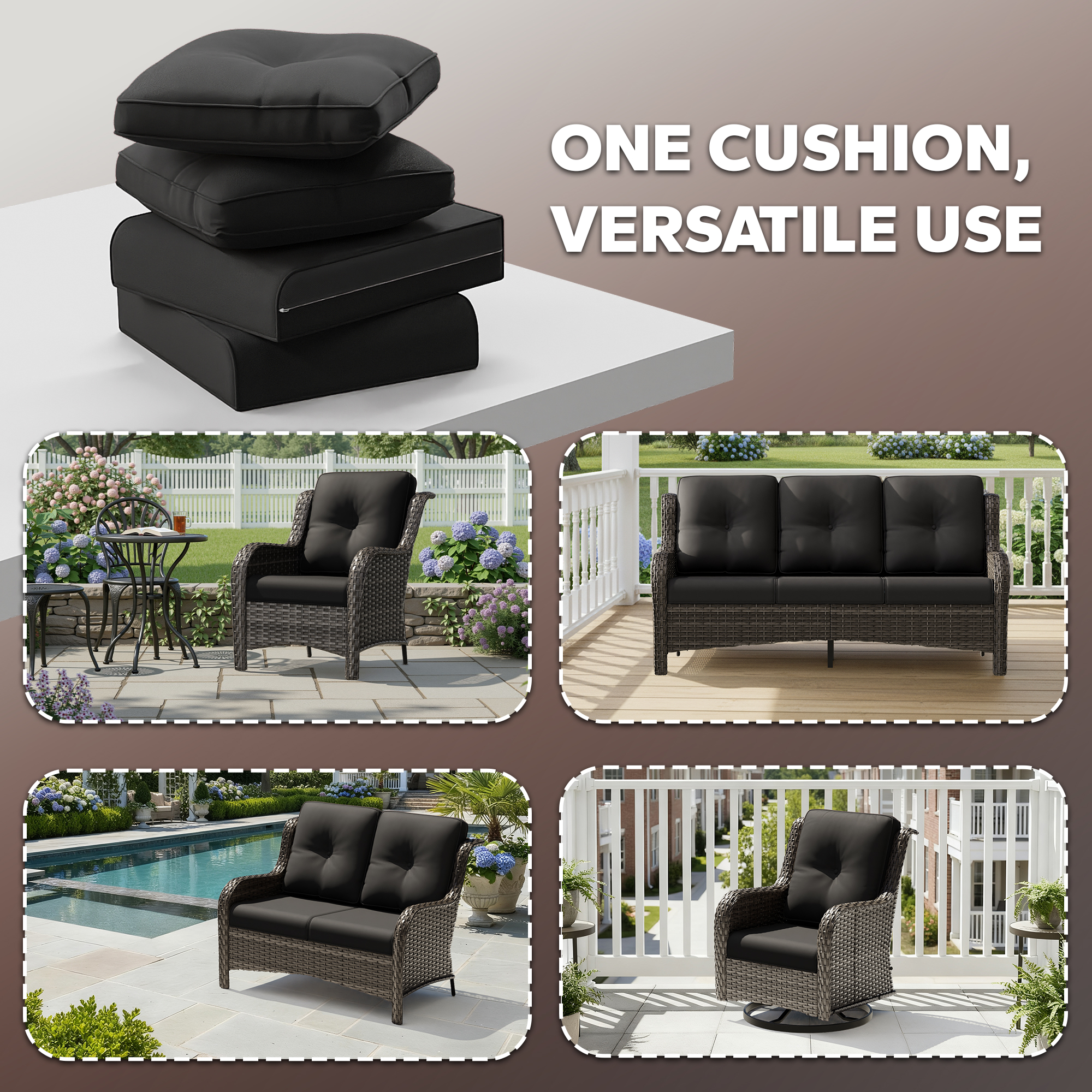 4 Inch Outdoor Cushions, Suitable for Patio Furniture, Water-Resistant & Fade-Resistant, 5 Sets, Black
